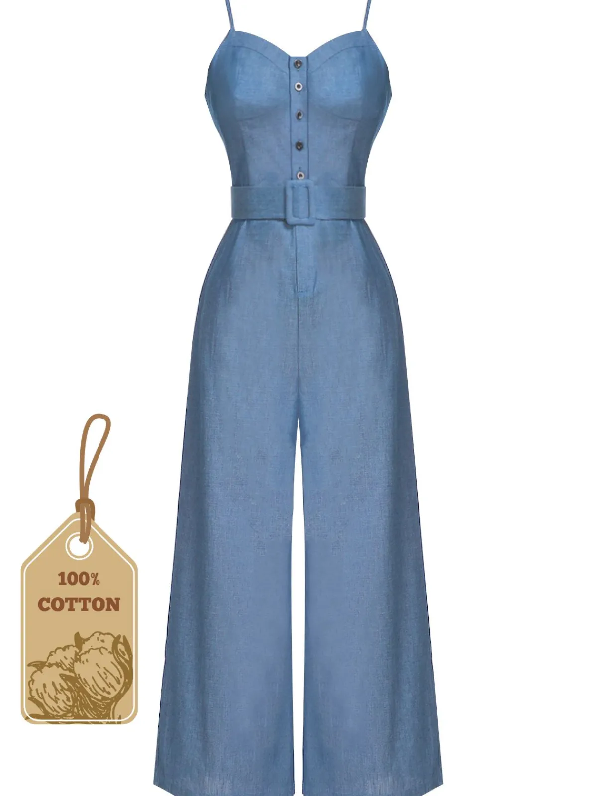 Online Retro Stage Blue 1930s Cowboy Solid Strap Jumpsuit