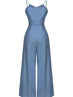 Online Retro Stage Blue 1930s Cowboy Solid Strap Jumpsuit