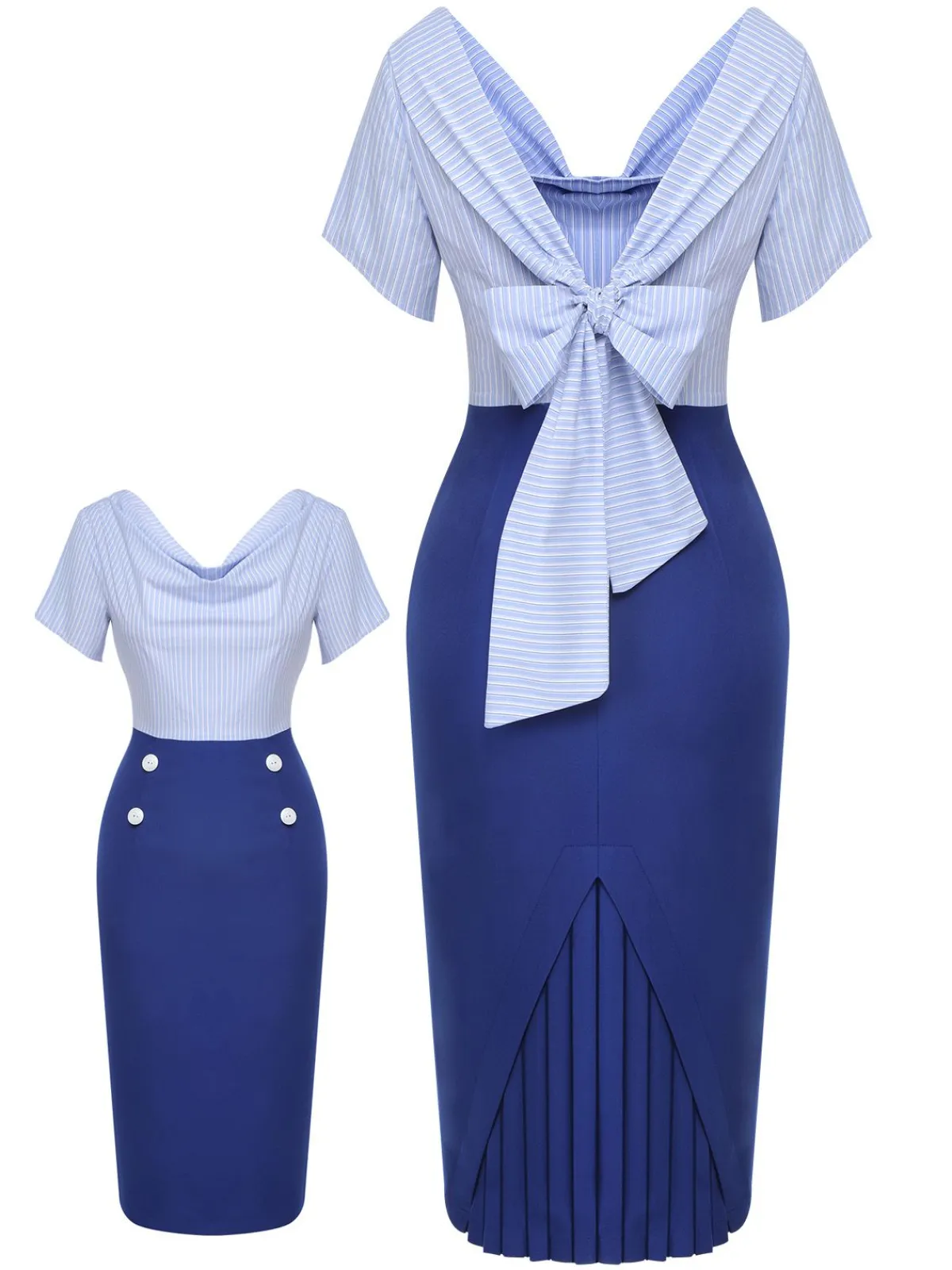 Online Retro Stage 1960s Cowl Striped Lace-Up Wrap Dress Blue