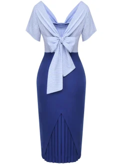 Online Retro Stage 1960s Cowl Striped Lace-Up Wrap Dress Blue