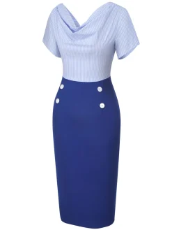 Online Retro Stage 1960s Cowl Striped Lace-Up Wrap Dress Blue