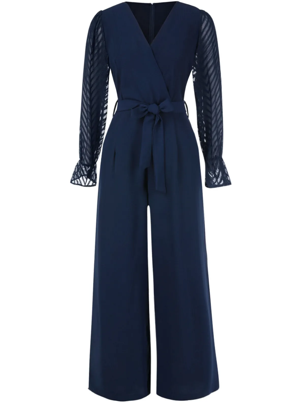Sale Retro Stage Blue 1960s Curve Stripes Sheer Patchwork Jumpsuit Dark Blue