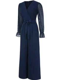 Sale Retro Stage Blue 1960s Curve Stripes Sheer Patchwork Jumpsuit Dark Blue