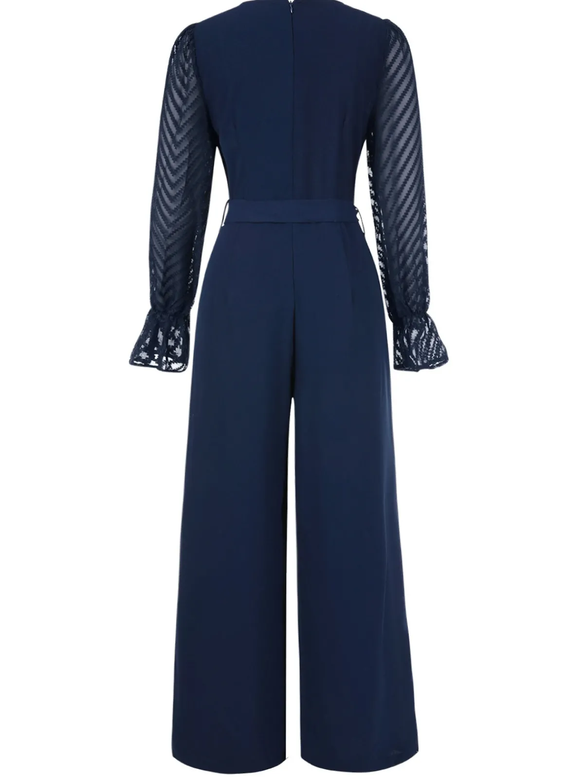 Sale Retro Stage Blue 1960s Curve Stripes Sheer Patchwork Jumpsuit Dark Blue