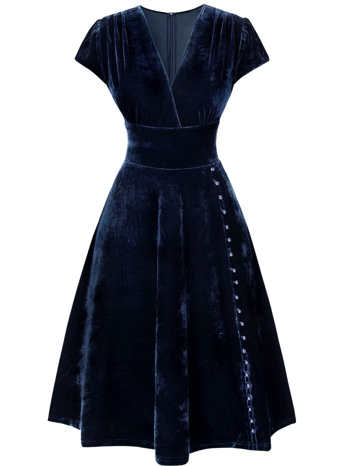 Sale Retro Stage Blue 1940s Deep V-Neck Pearl Velvet Dress