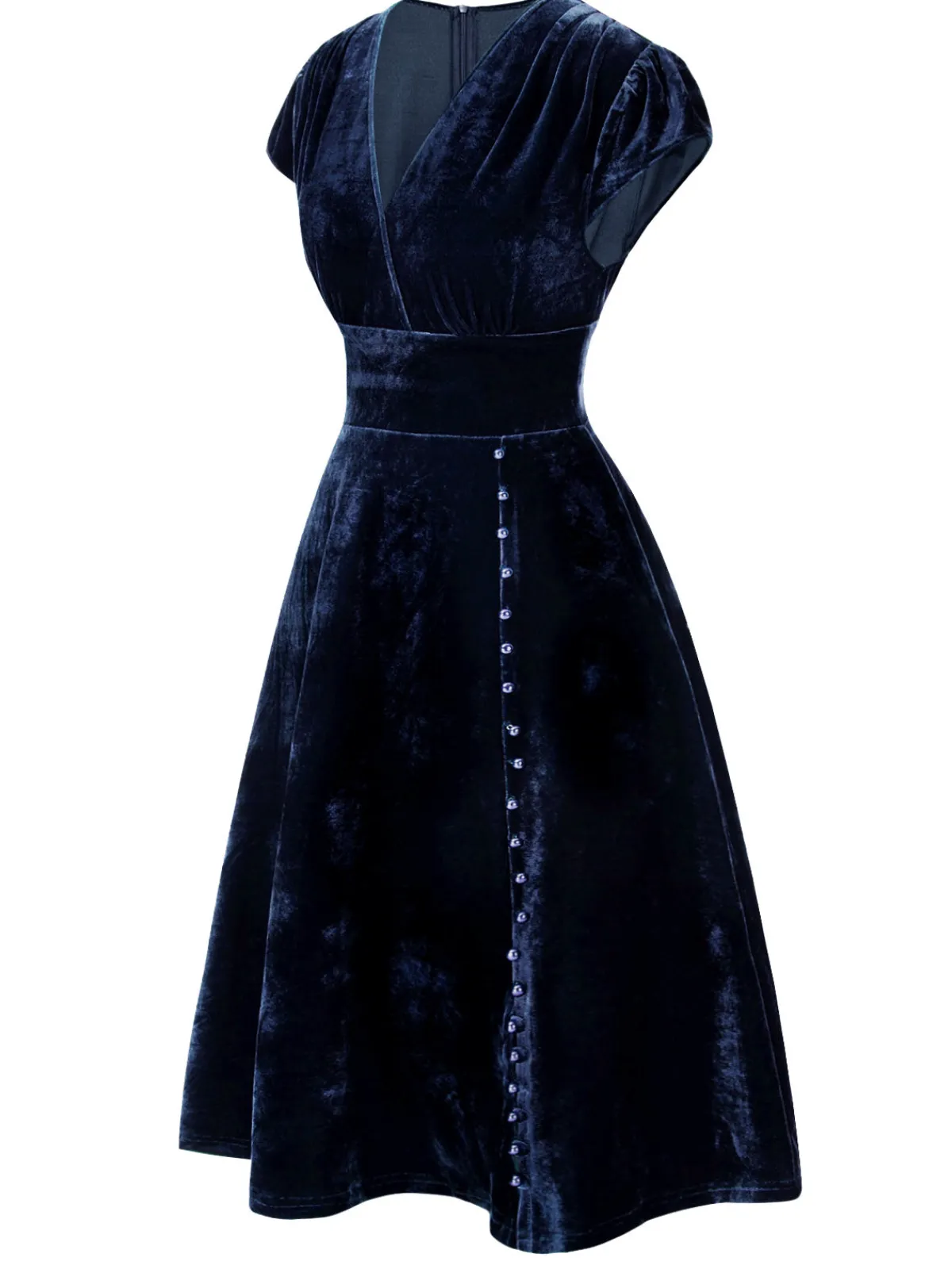 Sale Retro Stage Blue 1940s Deep V-Neck Pearl Velvet Dress