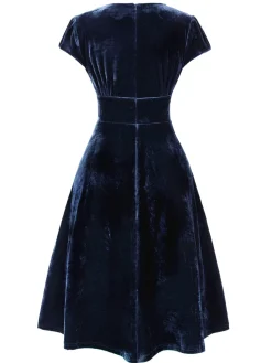 Sale Retro Stage Blue 1940s Deep V-Neck Pearl Velvet Dress