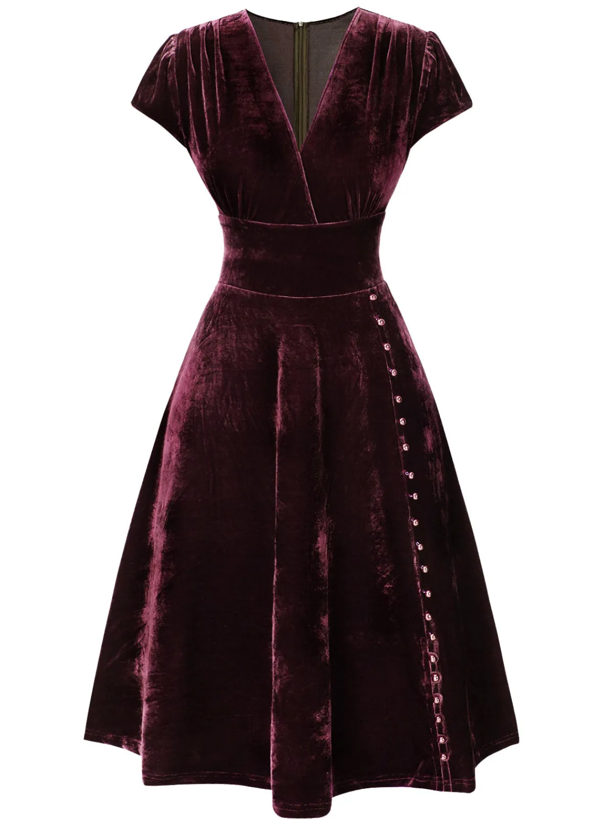 Sale Retro Stage Blue 1940s Deep V-Neck Pearl Velvet Dress