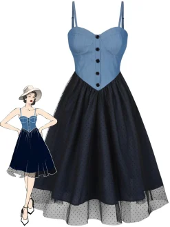 Online Retro Stage 1950s Denim Polka Dot Mesh Patchwork Dress Blue