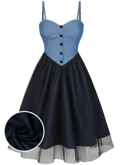 Online Retro Stage 1950s Denim Polka Dot Mesh Patchwork Dress Blue