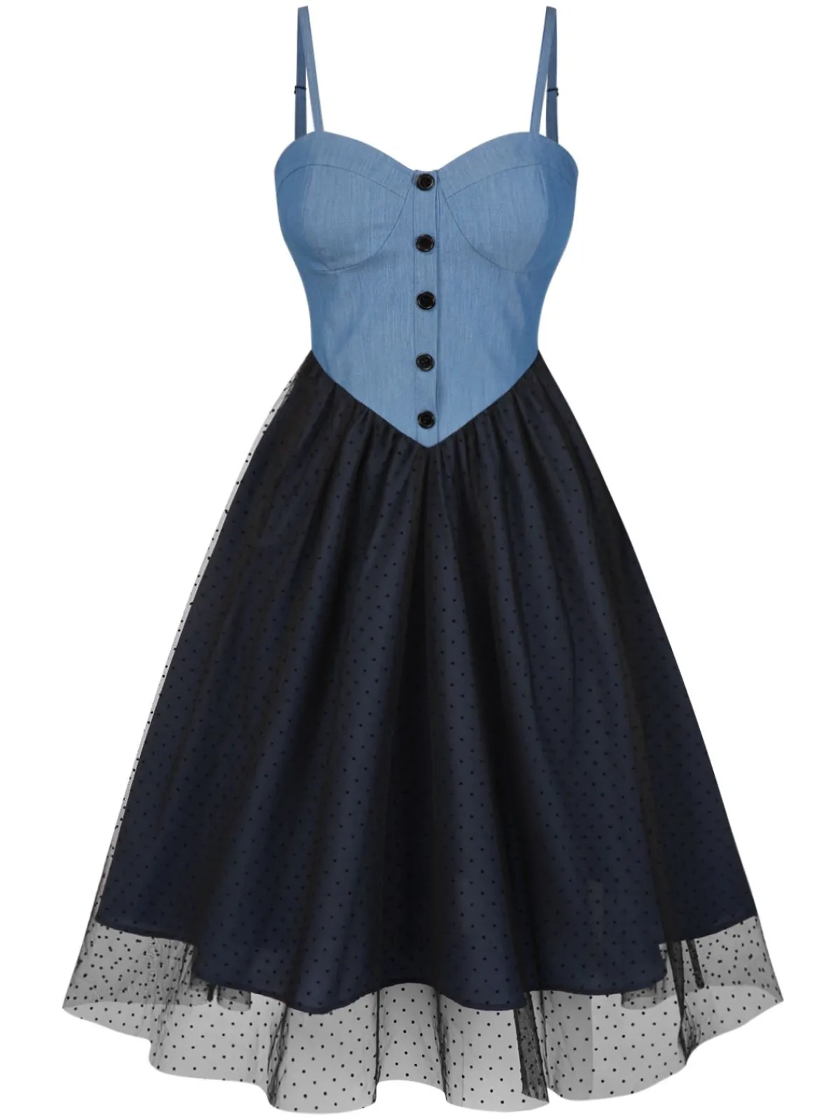 Online Retro Stage 1950s Denim Polka Dot Mesh Patchwork Dress Blue