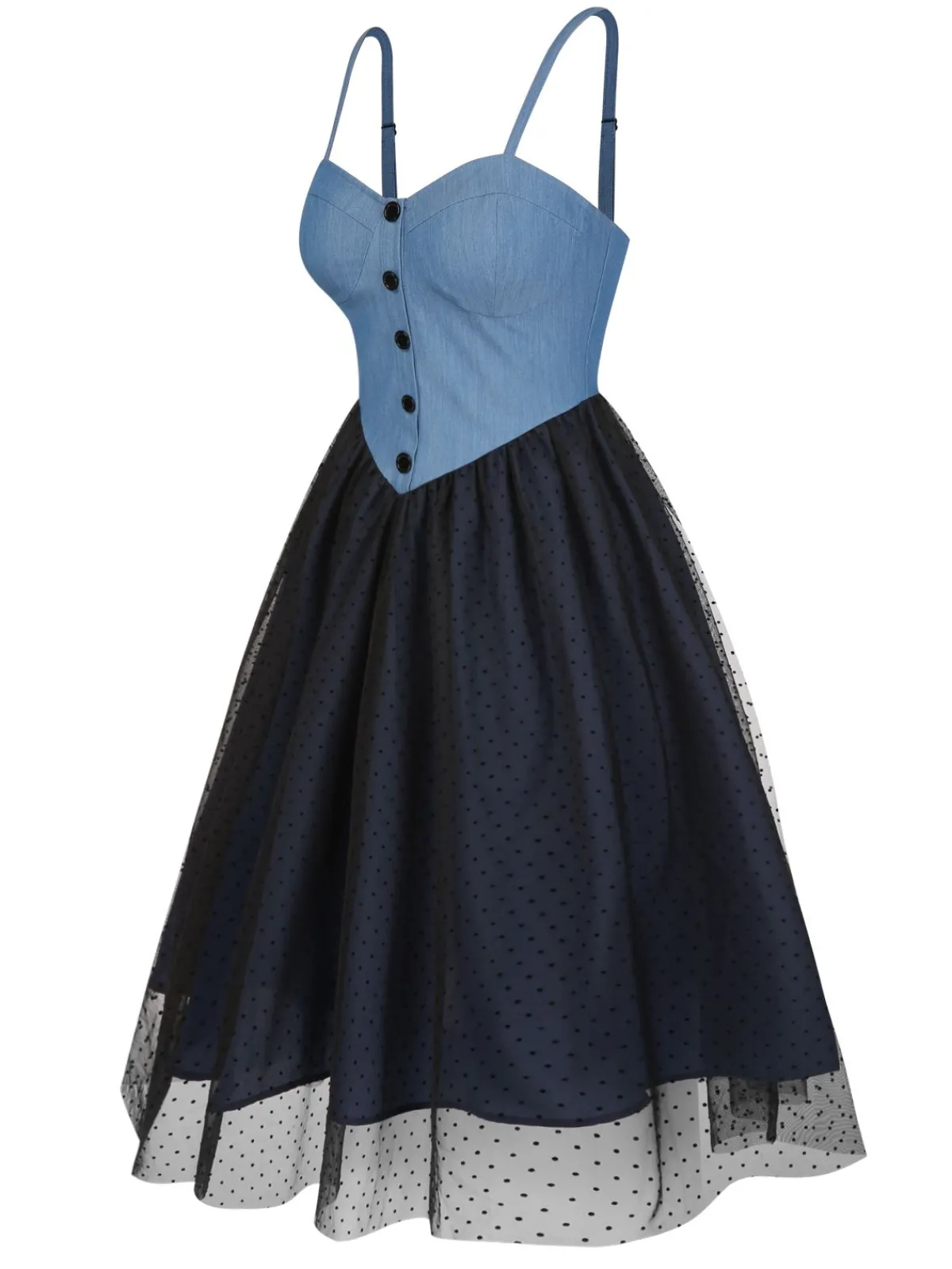 Online Retro Stage 1950s Denim Polka Dot Mesh Patchwork Dress Blue