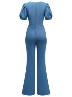 Sale Retro Stage Blue 1970s Denim Puff Sleeve Cut-out Jumpsuit Light Blue
