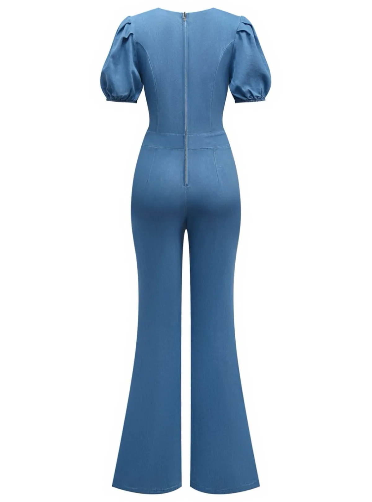 Sale Retro Stage Blue 1970s Denim Puff Sleeve Cut-out Jumpsuit Light Blue
