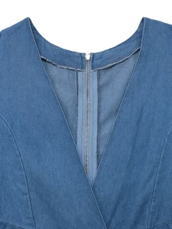 Sale Retro Stage Blue 1970s Denim Puff Sleeve Cut-out Jumpsuit Light Blue