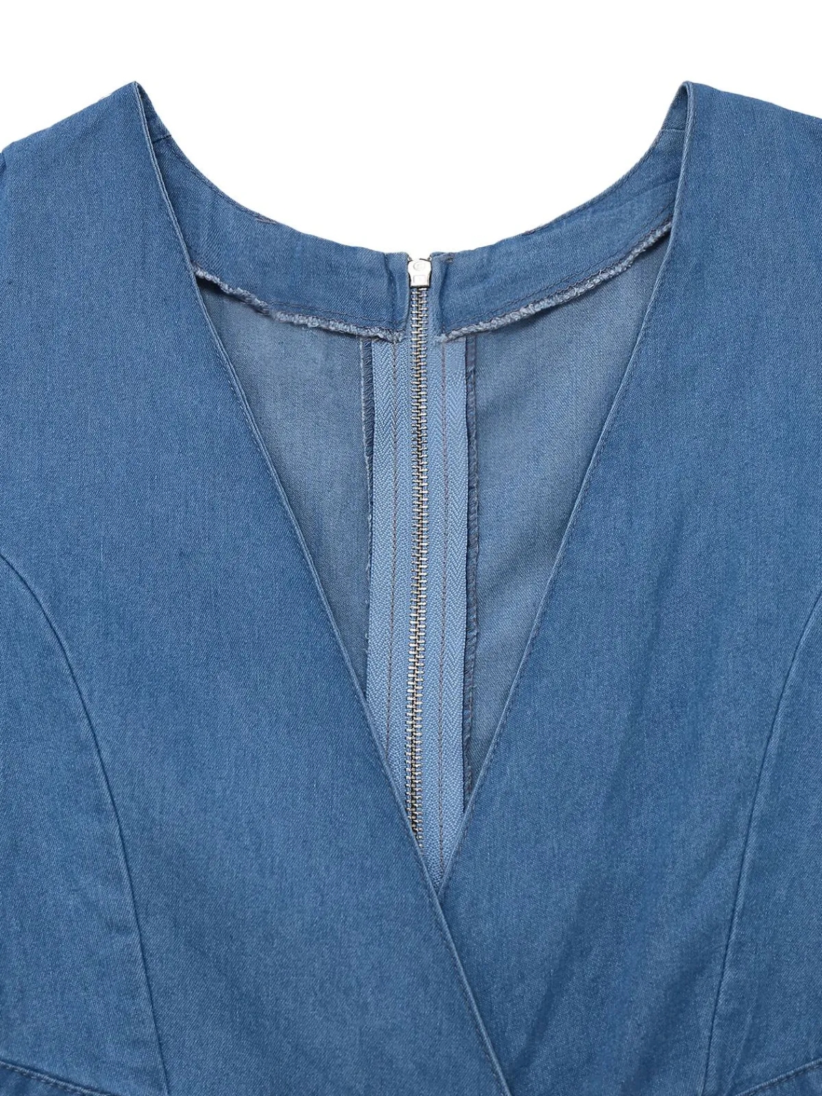 Sale Retro Stage Blue 1970s Denim Puff Sleeve Cut-out Jumpsuit Light Blue