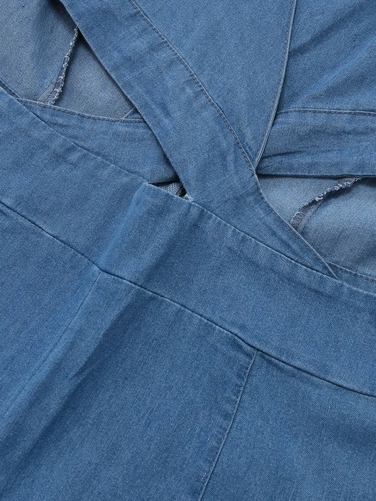 Sale Retro Stage Blue 1970s Denim Puff Sleeve Cut-out Jumpsuit Light Blue