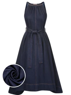 Fashion Retro Stage Blue 1940s Tie Back Dress Denim