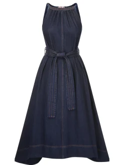 Fashion Retro Stage Blue 1940s Tie Back Dress Denim