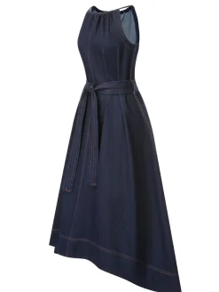 Fashion Retro Stage Blue 1940s Tie Back Dress Denim
