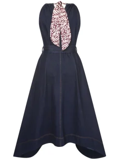 Fashion Retro Stage Blue 1940s Tie Back Dress Denim