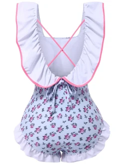 Sale Retro Stage 1950s Ditsy Floral Bow Ruffled Swimsuit Blue