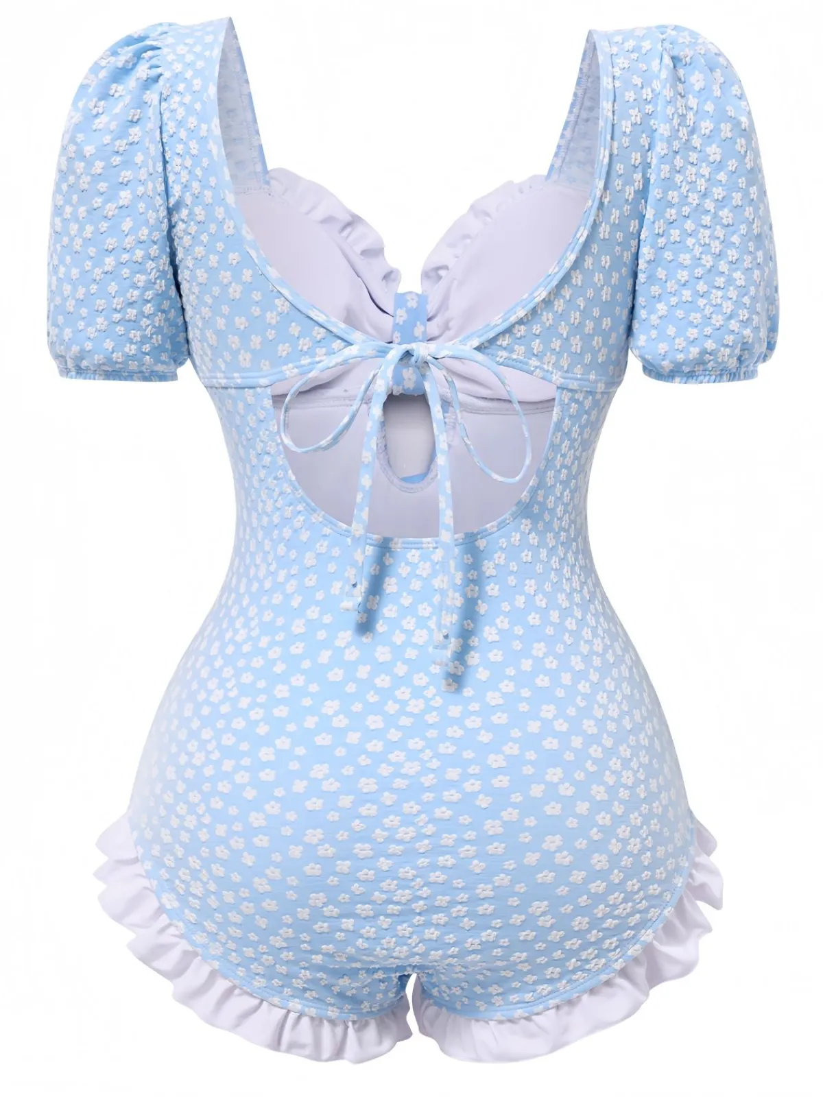 Hot Retro Stage 1940s Ditsy Floral Ruffles One-Piece Swimsuit Blue