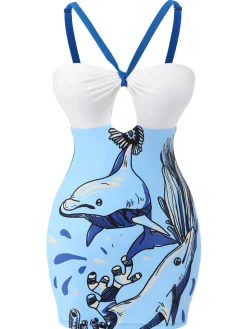 Discount Retro Stage 1940s Dolphin Halter One-piece Swimsuit Blue