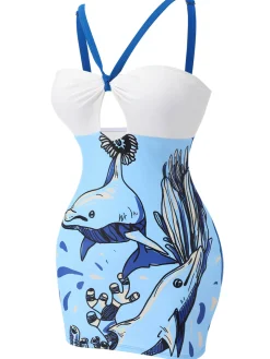Discount Retro Stage 1940s Dolphin Halter One-piece Swimsuit Blue