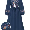 Best Retro Stage Blue 1940s Embroidered Floral Lantern Sleeve Dress