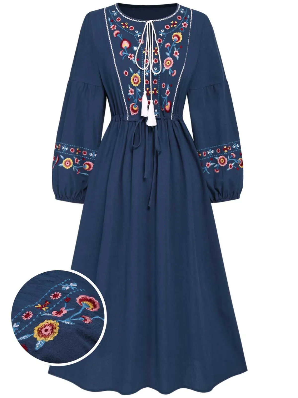 Best Retro Stage Blue 1940s Embroidered Floral Lantern Sleeve Dress