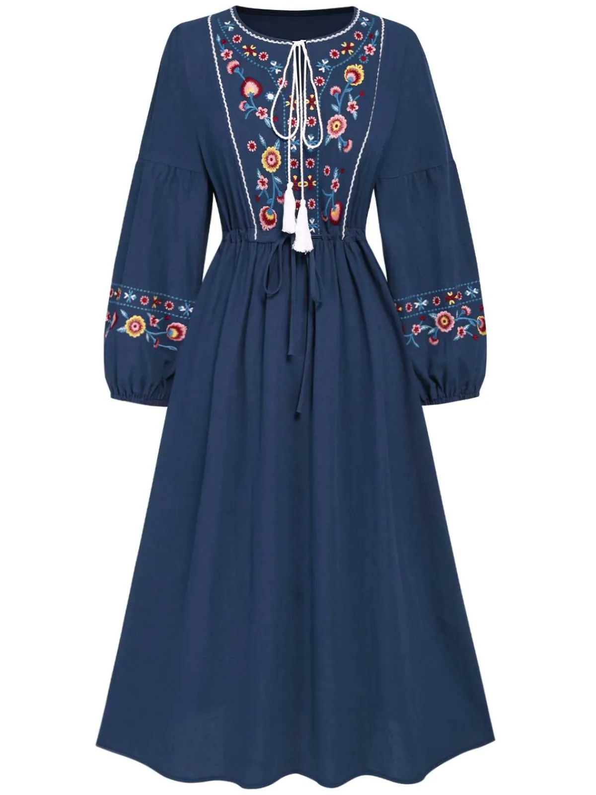 Best Retro Stage Blue 1940s Embroidered Floral Lantern Sleeve Dress