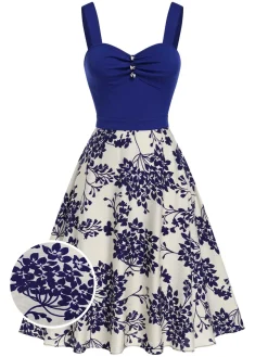 New Retro Stage Blue 1950s Floral Button Sweetheart Neck Dress