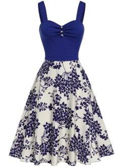 New Retro Stage Blue 1950s Floral Button Sweetheart Neck Dress