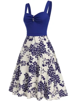 New Retro Stage Blue 1950s Floral Button Sweetheart Neck Dress
