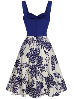 New Retro Stage Blue 1950s Floral Button Sweetheart Neck Dress