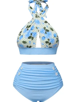 Best Retro Stage Blue 1940s Floral Cross Halter Swimsuit