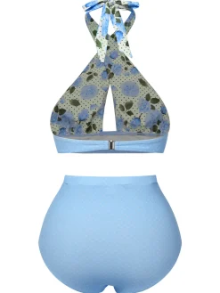 Best Retro Stage Blue 1940s Floral Cross Halter Swimsuit