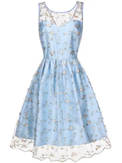 Discount Retro Stage Blue 1950s Floral Embroidery Lace Dress Light Blue