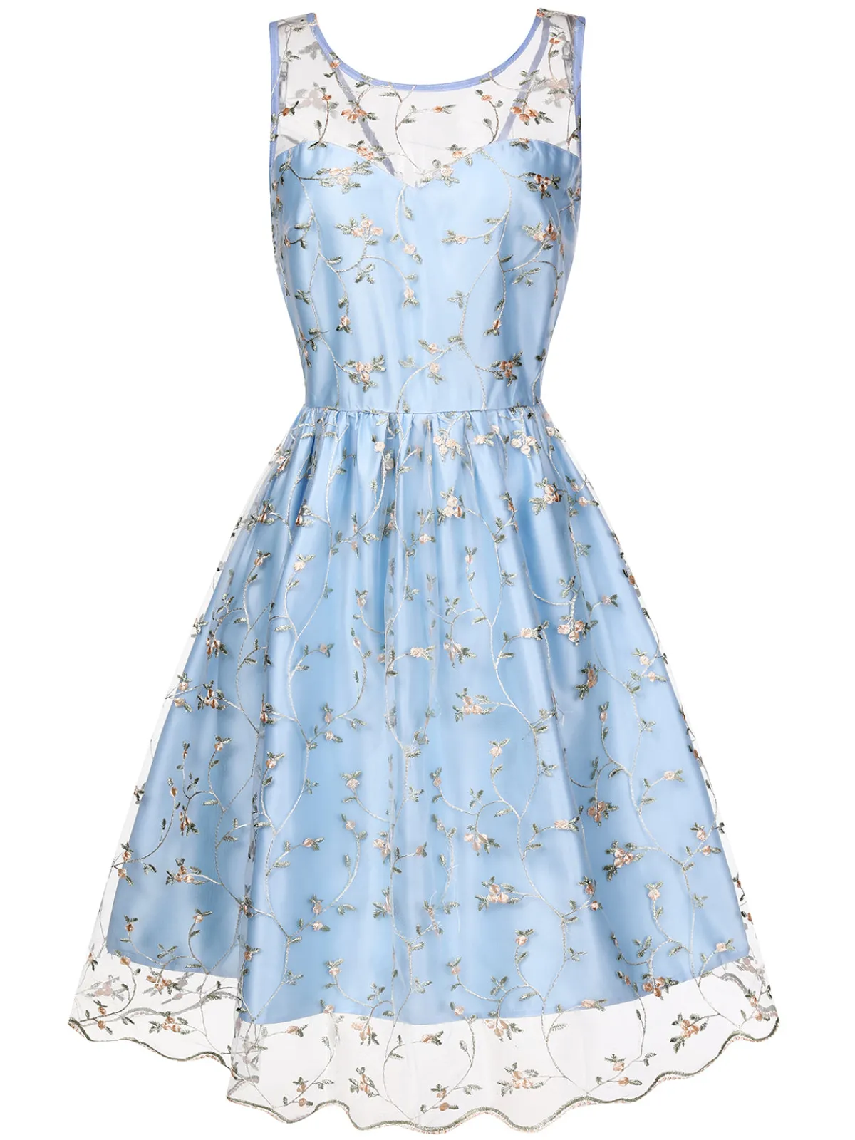 Discount Retro Stage Blue 1950s Floral Embroidery Lace Dress Light Blue