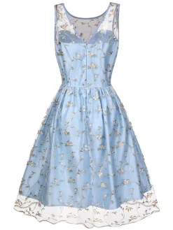 Discount Retro Stage Blue 1950s Floral Embroidery Lace Dress Light Blue