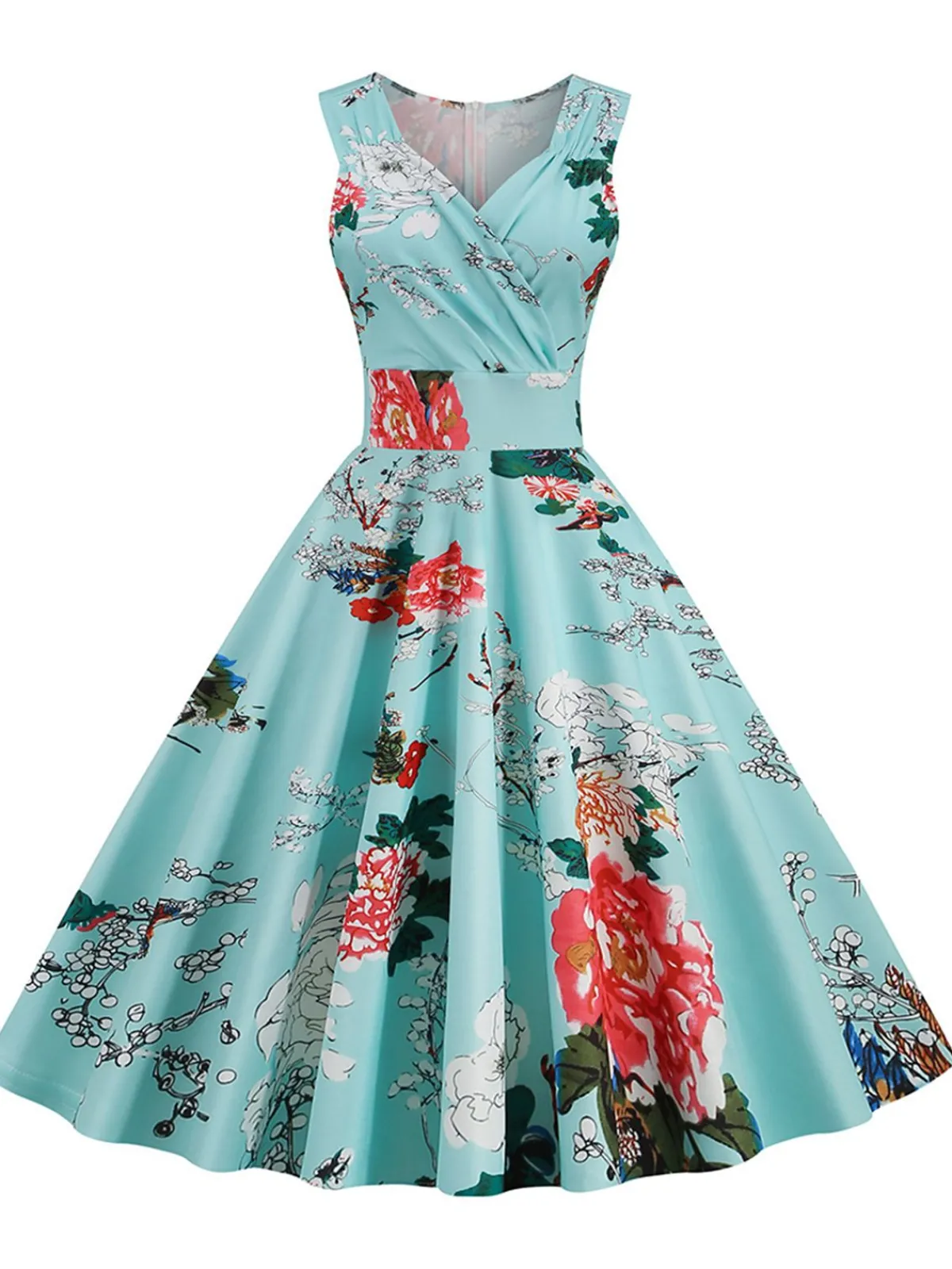 Clearance Retro Stage 1950s Floral Heart Collar Swing Dress Blue