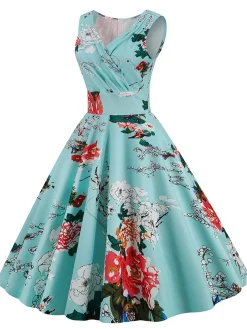 Clearance Retro Stage 1950s Floral Heart Collar Swing Dress Blue