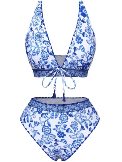 Sale Retro Stage 1970s Floral High-Waist Swimsuit Blue