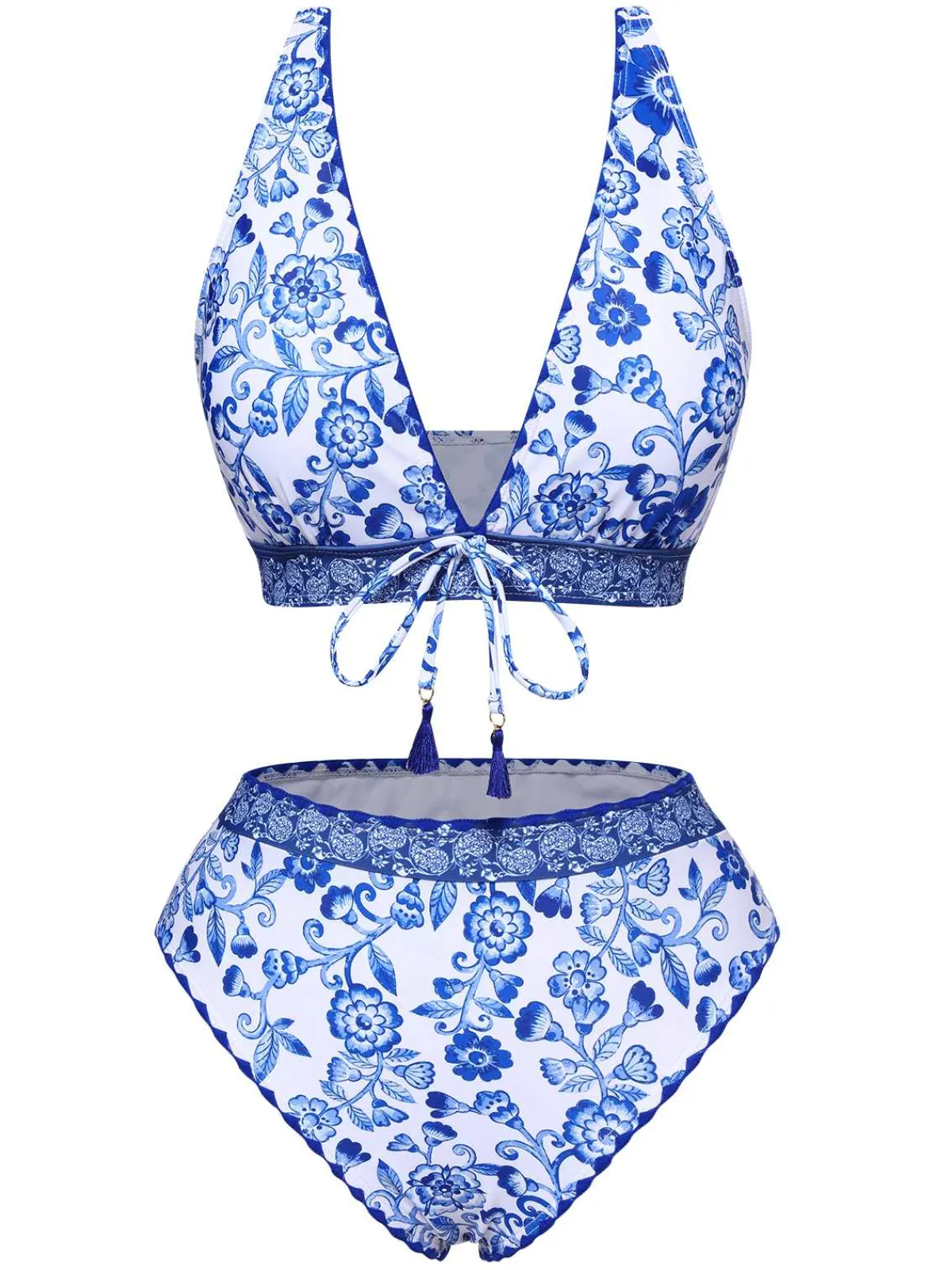 Sale Retro Stage 1970s Floral High-Waist Swimsuit Blue