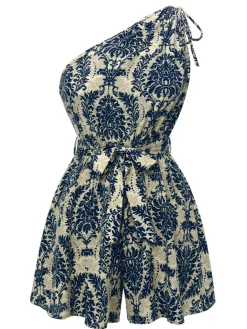 Sale Retro Stage 1950s Floral Print One Shoulder Romper Blue