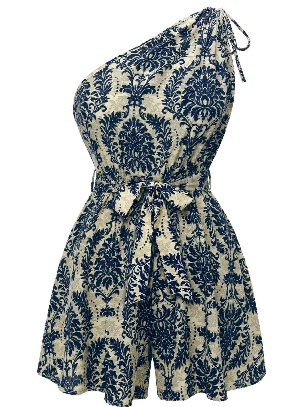 Sale Retro Stage 1950s Floral Print One Shoulder Romper Blue