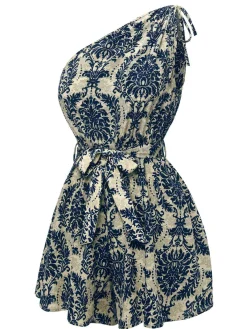 Sale Retro Stage 1950s Floral Print One Shoulder Romper Blue
