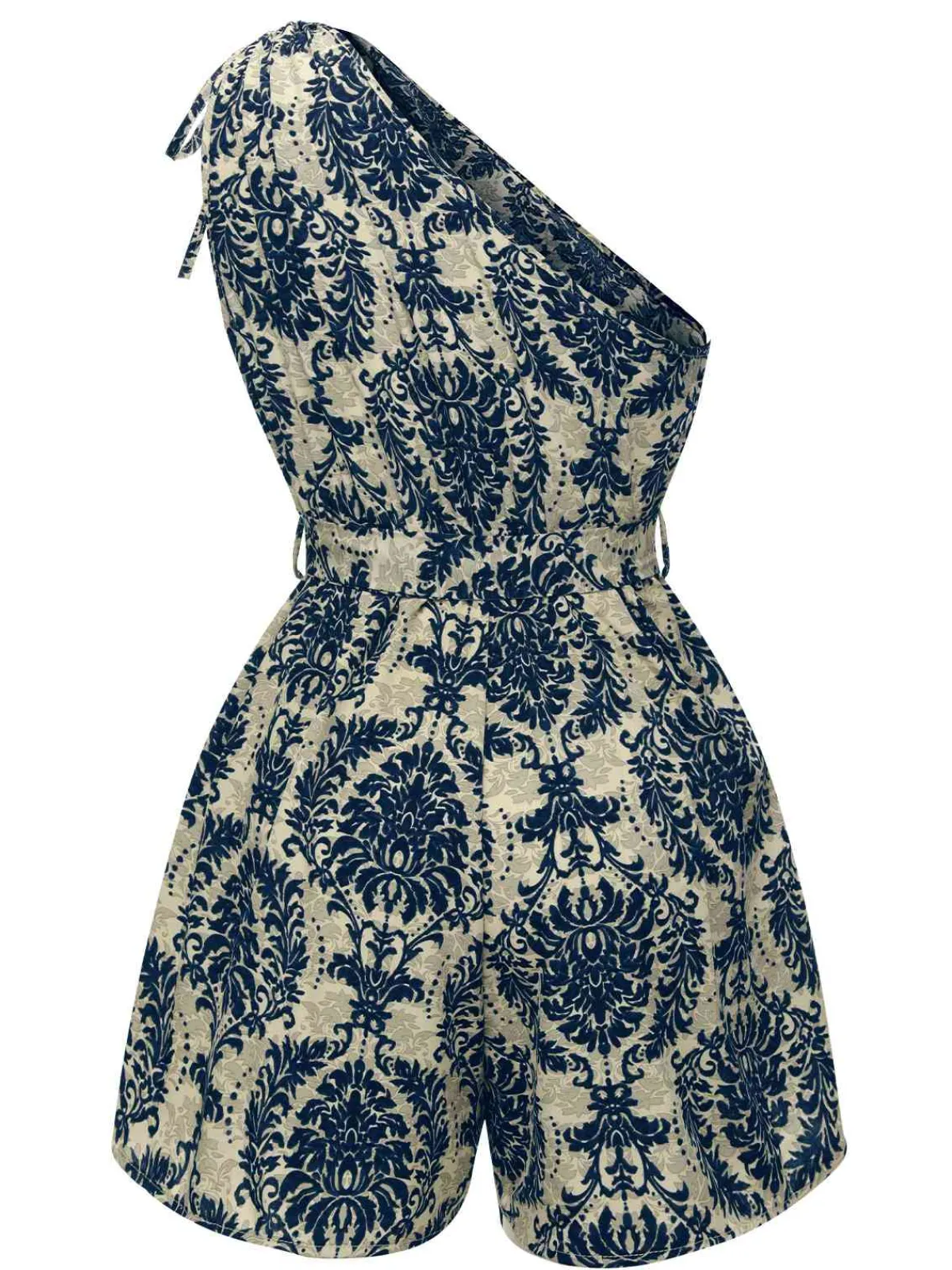 Sale Retro Stage 1950s Floral Print One Shoulder Romper Blue