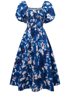 Outlet Retro Stage 1940s Floral Puff Sleeves Off-Shoulder Dress Blue